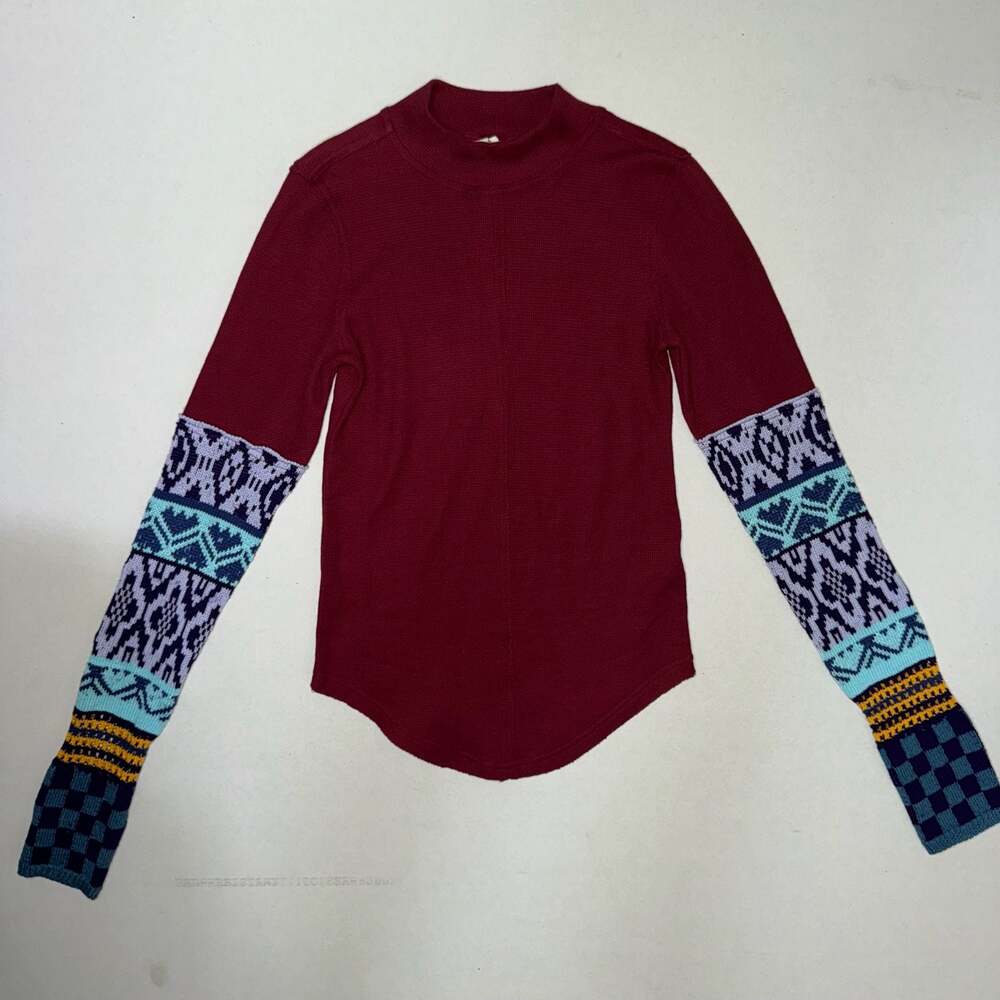 Free People Thermal Long Sleeve Top Maroon Patterned Sleeves Sz Small
